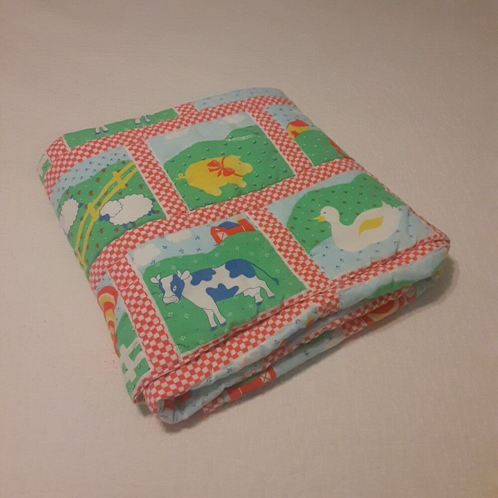 Vintage Handmade Machine Sewn Farm Animal & Checkered Quilt Whimsical